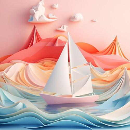 a pastel-colored ship sailing atop the gentle ocean waves, capturing a sense of tranquility and adventure in a harmonious maritime scene
