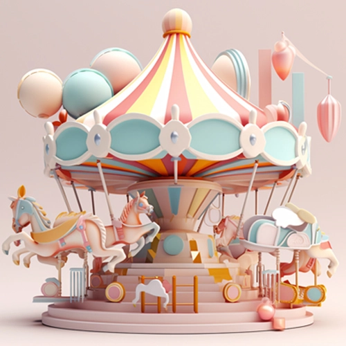 an enchanting scene of a pastel carousel adorned with intricately designed horses, each hand-painted in soft and delicate shades, evoking a sense of nostalgia