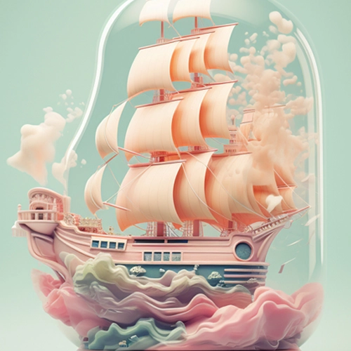 a pastel-colored ship meticulously crafted inside a transparent glass enclosure, capturing a sense of elegance and fragility