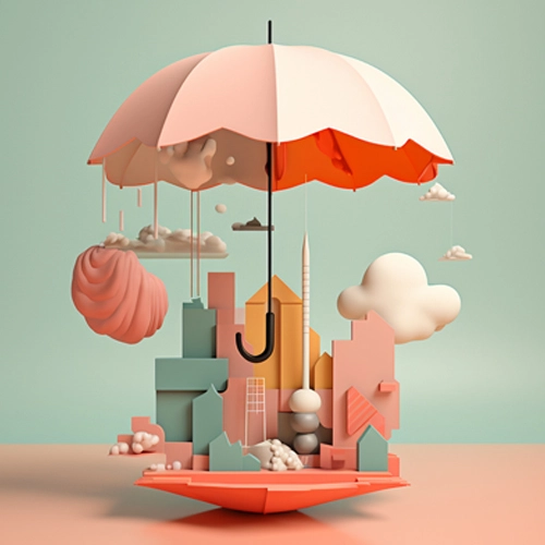 a pastel umbrella, providing cover over a quaint and charming small town scene underneath, creating a delightful fusion of shelter and community