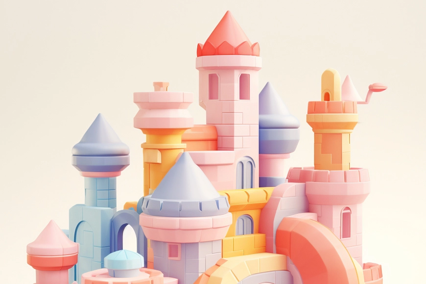 a pastel-colored castle, evoking a sense of fantasy and wonder, with turrets, towers, and delicate hues reminiscent of a fairy tale setting