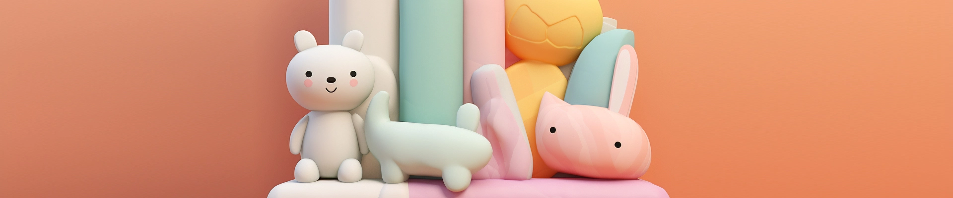 a delightful arrangement of pastel-colored toys and plush pillows, creating a cozy and inviting scene that exudes a sense of playfulness and comfort