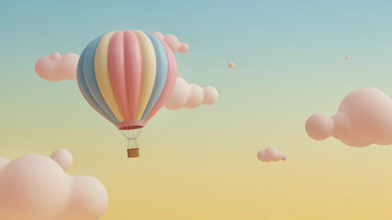 A pastel 3D illustration of a striped hot air balloon in pink, yellow, and blue floating among puffy peach clouds in a sky that fades from soft teal at the top to warm yellow below.