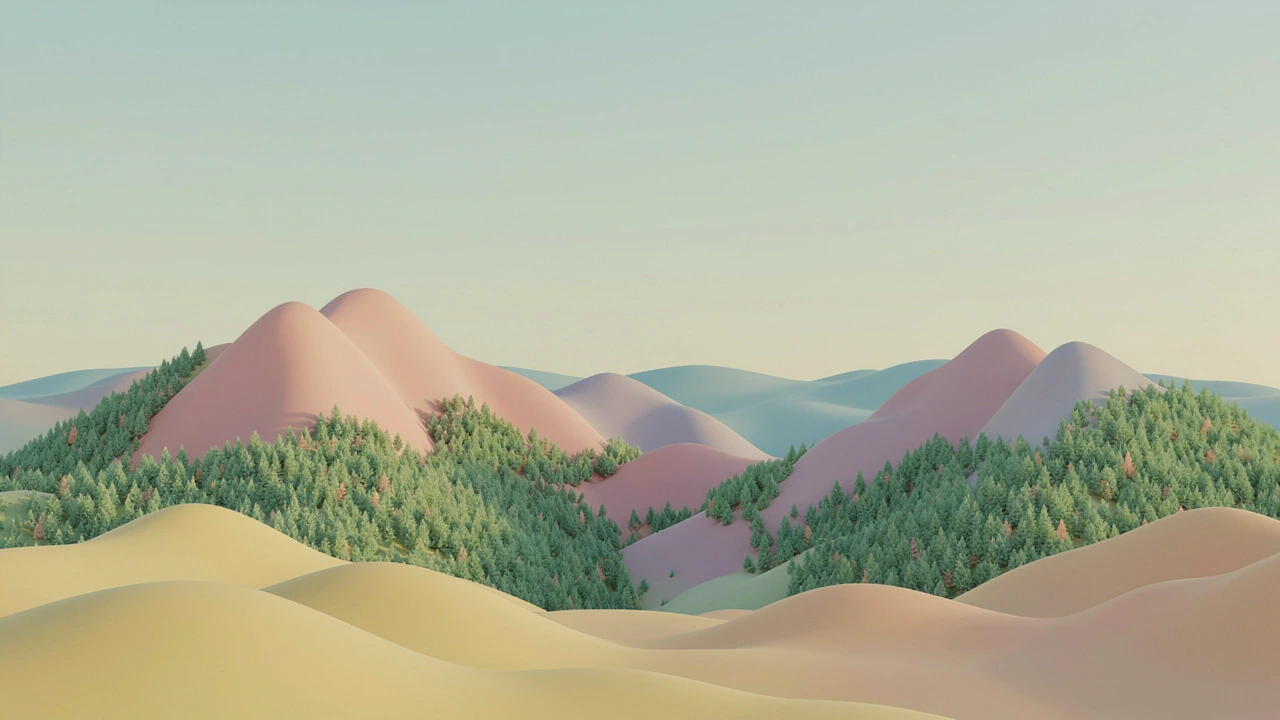 A pastel 3D illustration of a soft, dreamy landscape with smooth pink and lavender hills, patches of dense green pine forest, and pale yellow sand dunes in the foreground under a hazy blue-green sky.