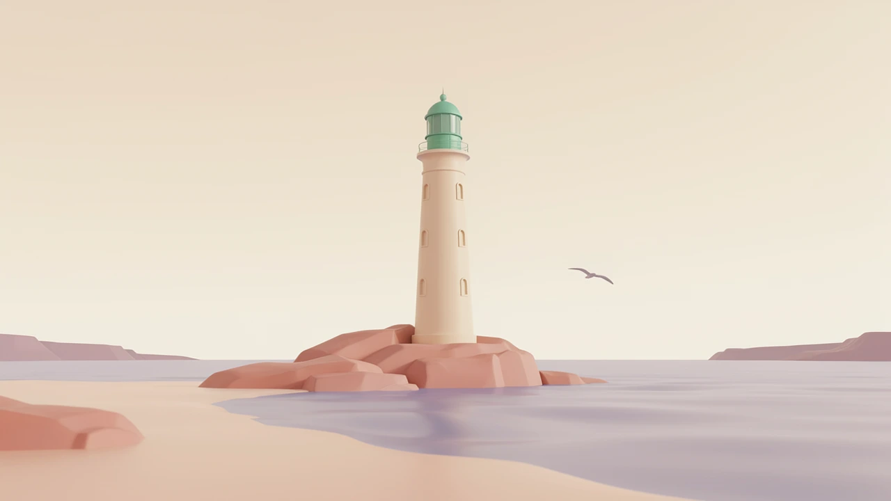 A pastel 3D illustration of a tall cream lighthouse with a mint-green top standing on terracotta rocks at the edge of a sandy shore, with lavender water, distant cliffs, and a single seagull flying across a pale peach sky.