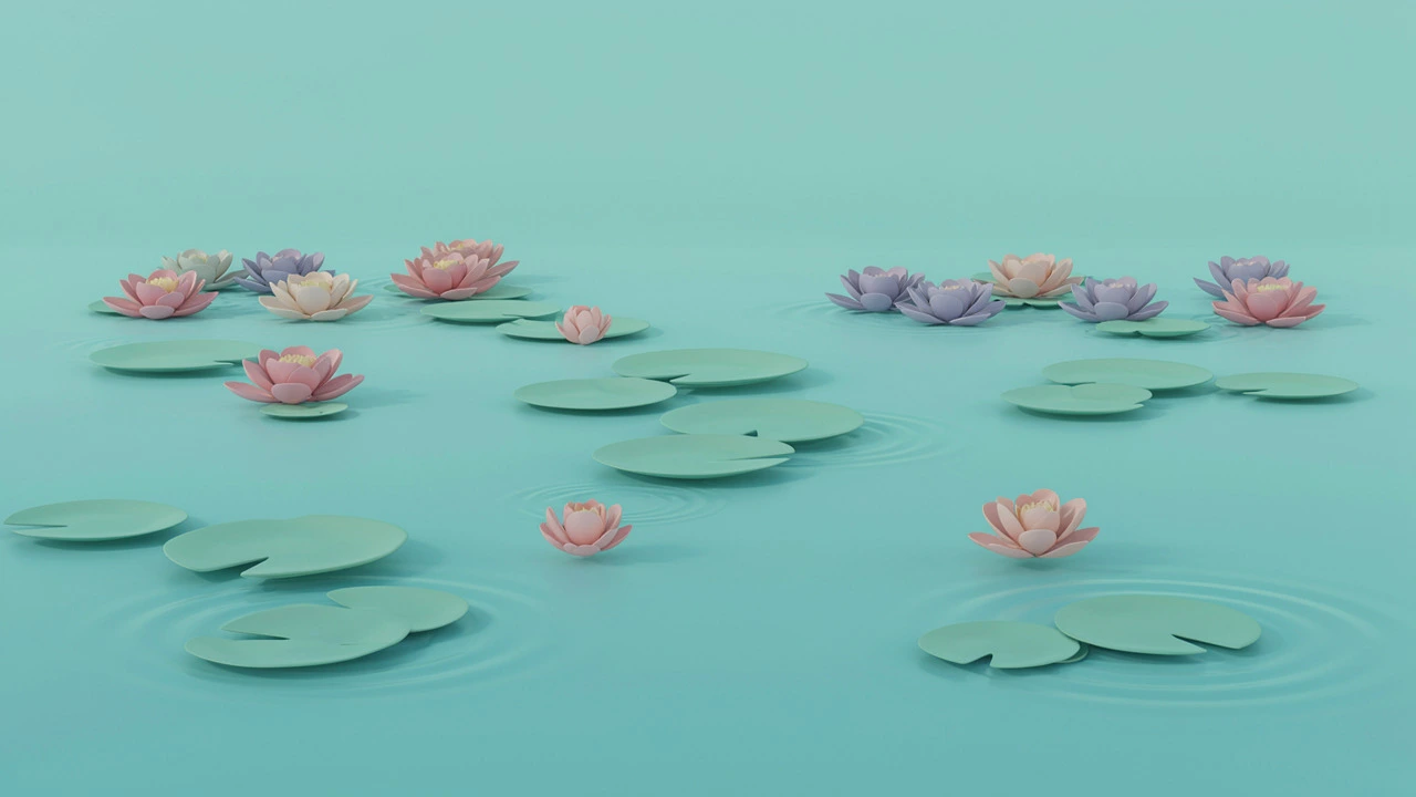 A pastel 3D illustration of a calm teal pond dotted with green lily pads and pink, peach, and lavender water lilies, with gentle ripples spreading across the water’s surface.
