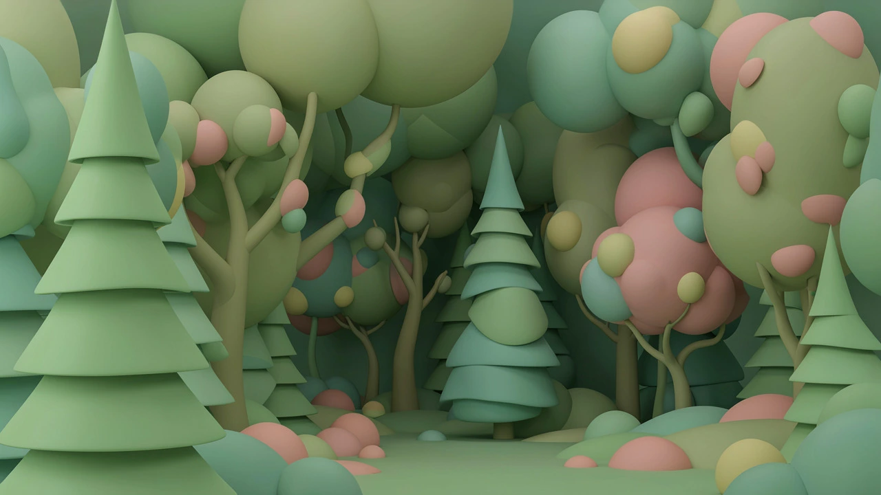 A pastel 3D illustration of a whimsical forest of stylized trees, with layered cone-shaped pines and rounded, bubble-like canopies in sage, olive, and teal green, accented with soft pink and yellow blobs.