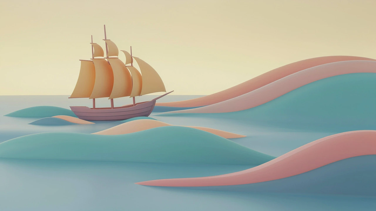 A pastel 3D illustration of a wooden sailing ship with golden sails moving across a calm sea of stylized, layered waves in teal, peach, and coral pink under a pale yellow sky.