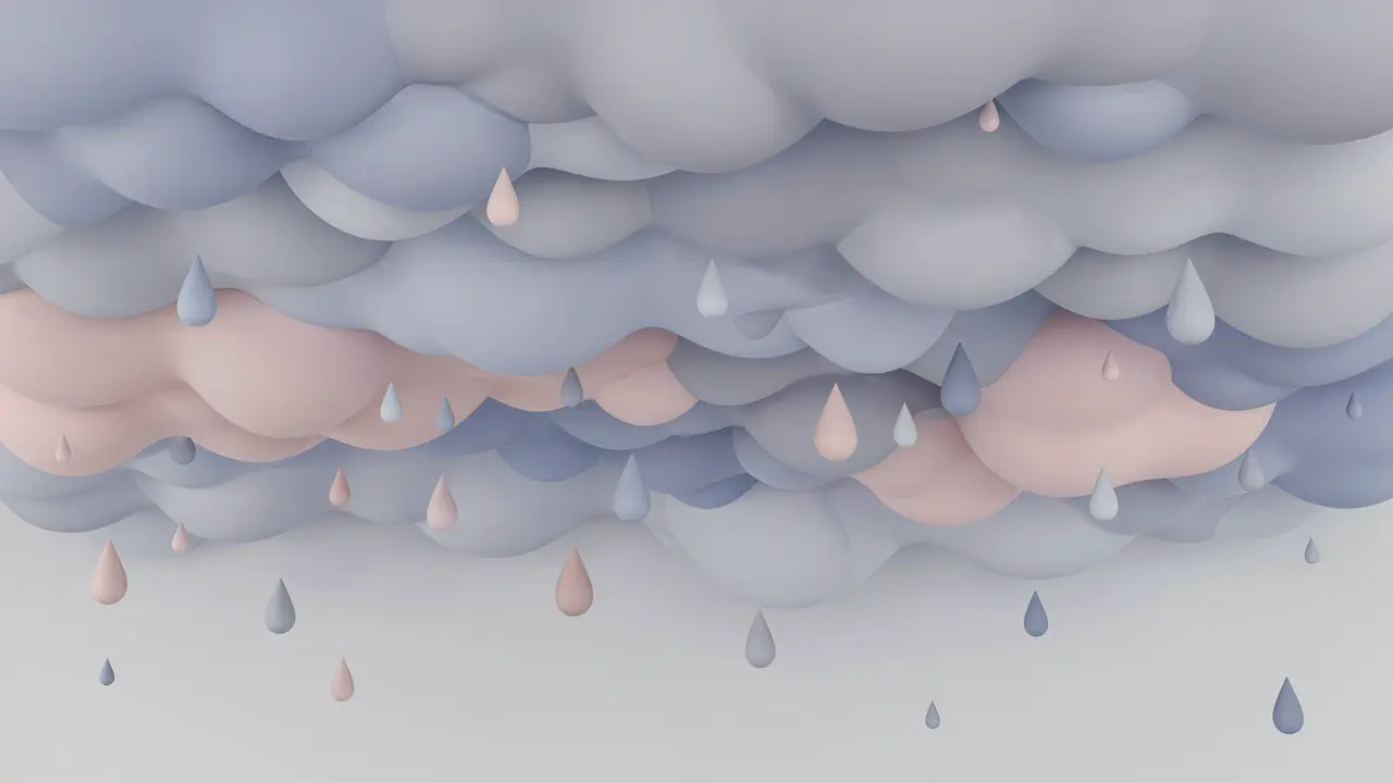 A pastel 3D illustration of layered, puffy clouds in soft blue-gray and blush pink, with small matching teardrop-shaped raindrops falling beneath them against a light gray background.