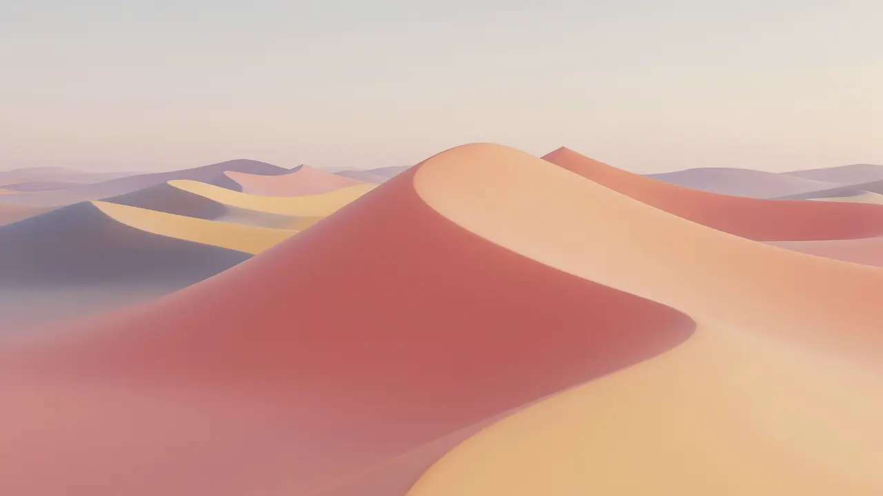 A pastel 3D illustration of smooth, sweeping desert dunes in coral pink, peach, and golden sand tones, fading into hazy lavender dunes under a pale, misty sky.